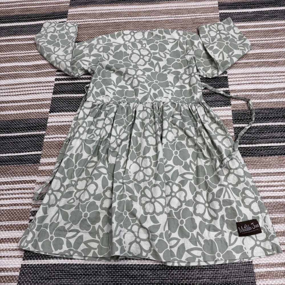 Matilda Jane Dress Girls 6 Green White Floral Button Back Long‎ Sleeve Made USA